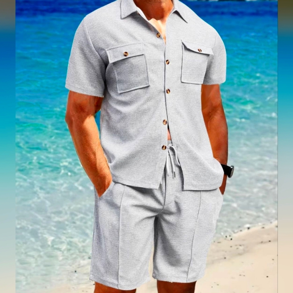 Men's Gray Button Down Shirt and Shorts Set